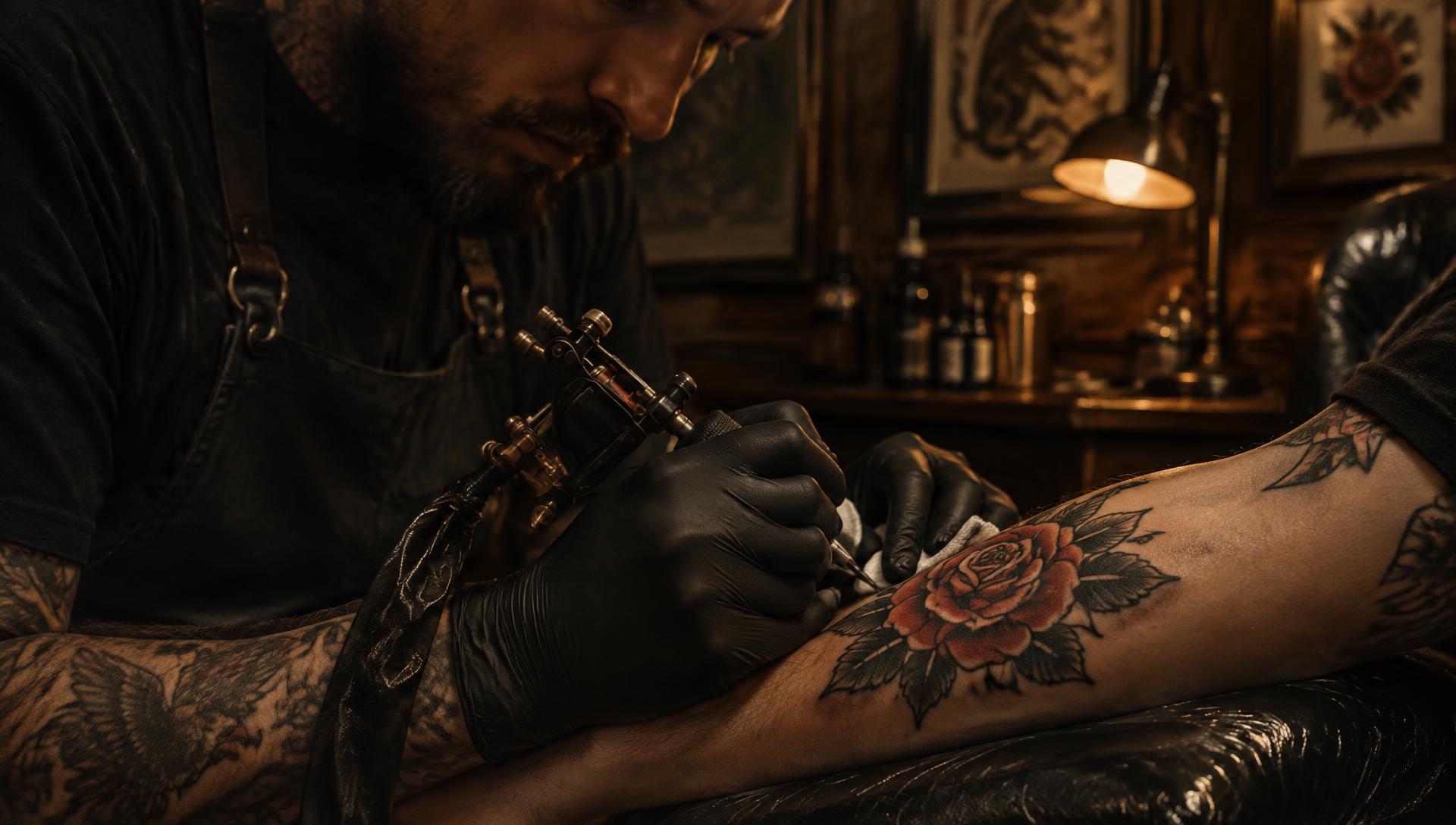 Tatuador trabajando una rosa tradicional en un antebrazo