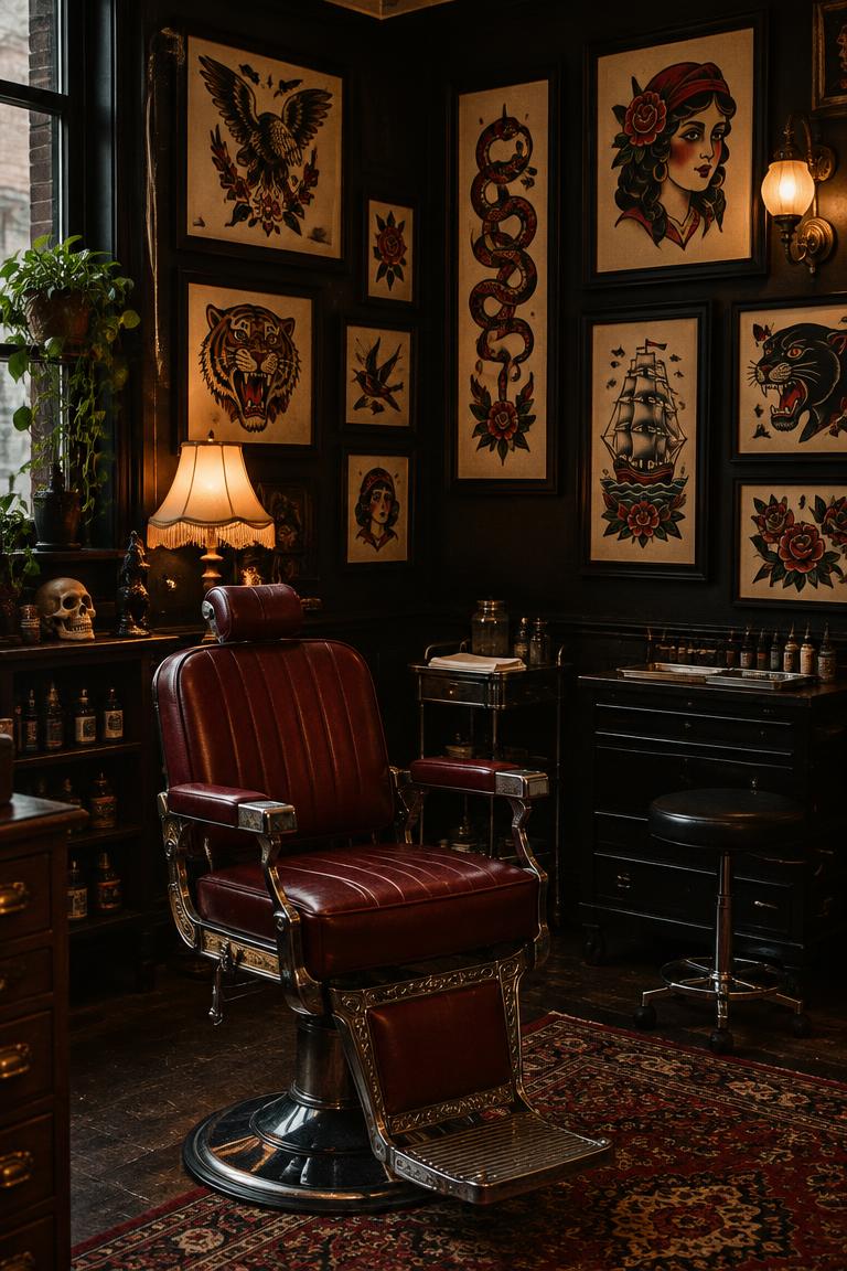 Interior de un salón de tatuajes clásico con sillón de cuero rojo