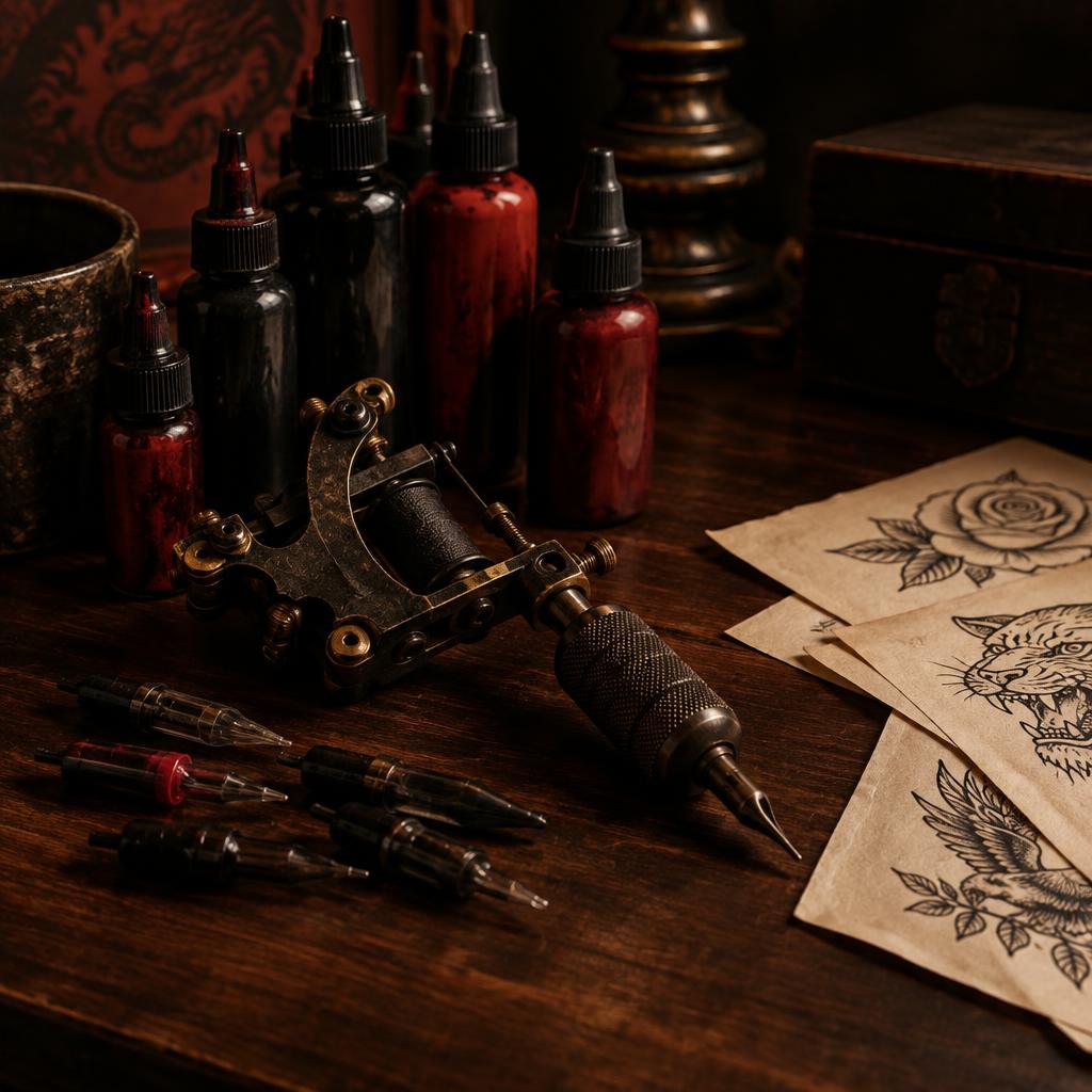 Botellas de tinta, máquina de bobina y cartuchos sobre mesa de madera